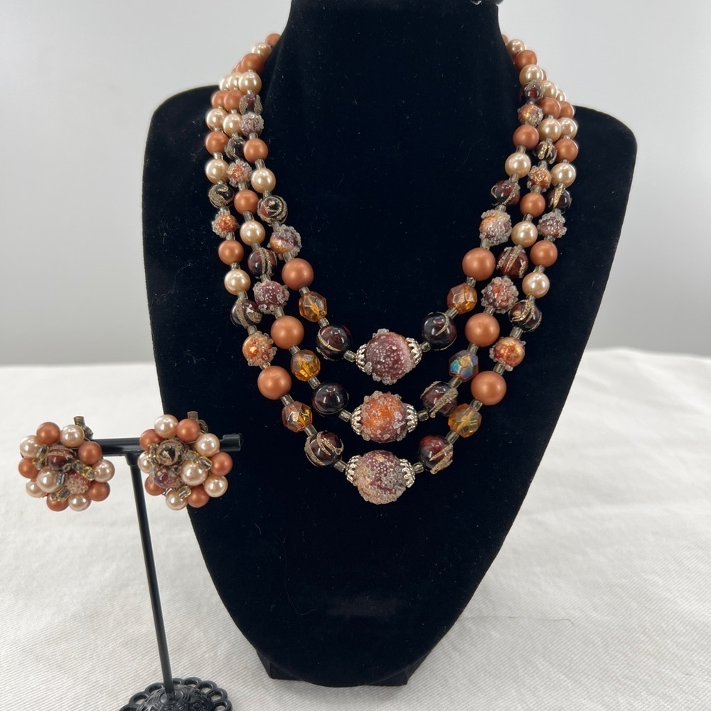 Japan 3 Strand faux pearl Aurora Borealis Necklace Earring Set Vintage